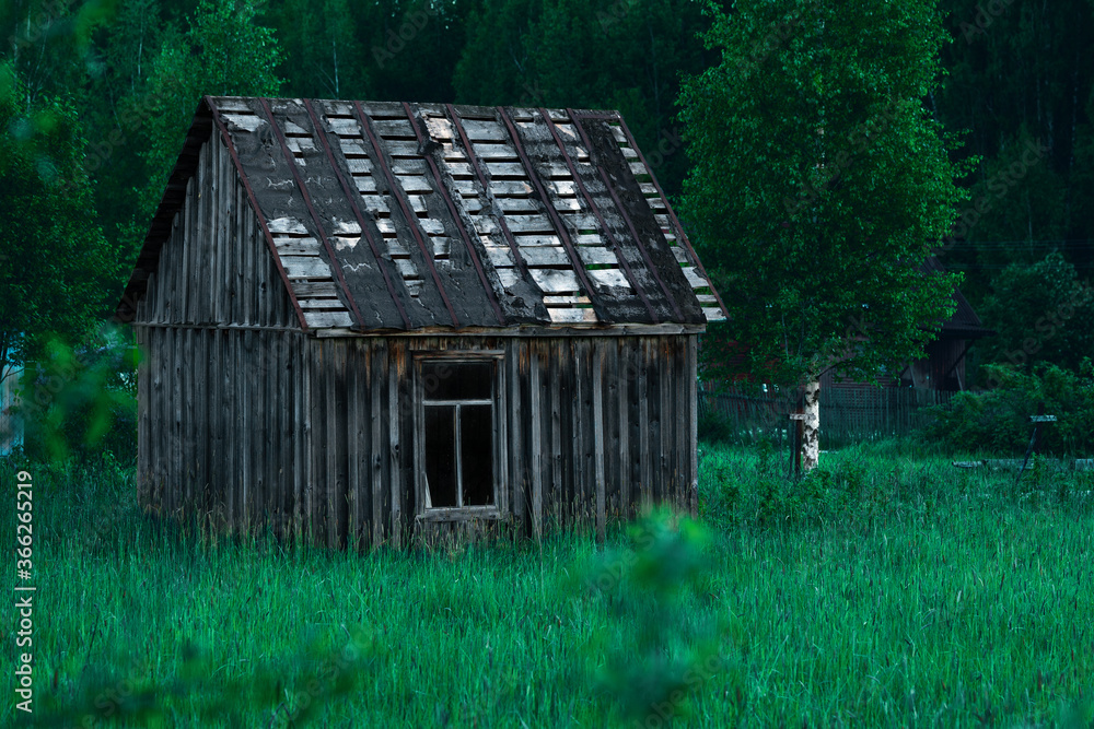 Old small poor village house stands in high grass at summer night near the forest Old small poor village house stands in high grass at summer night near the forest