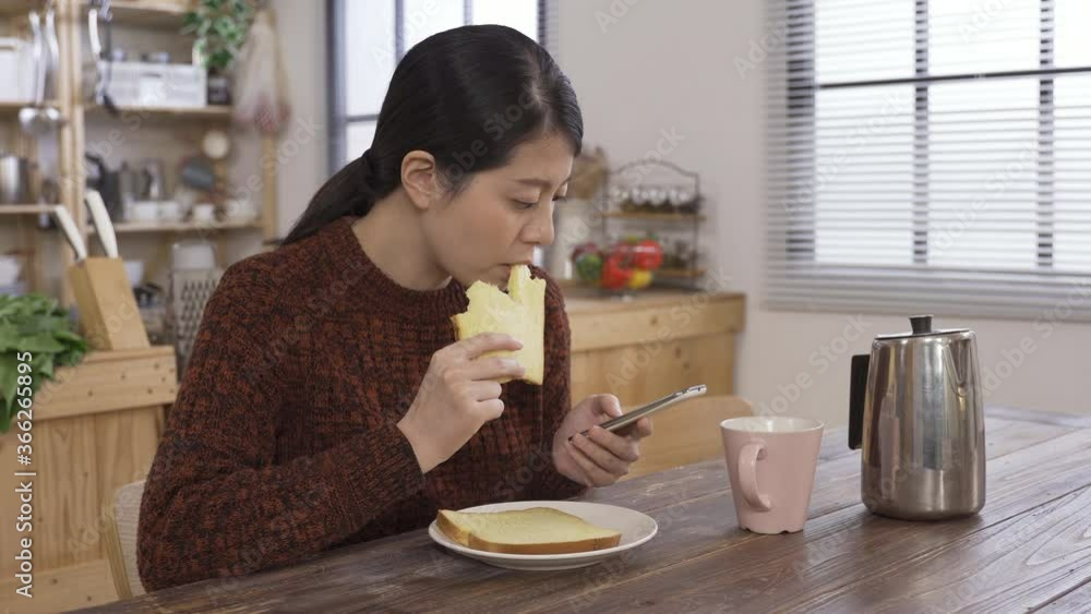 carefree weekend morning asian female is using cell phone while having brunch. taiwanese girl sitting in dining room eating is watching online news with smartphone. technology and lifestyle carefree weekend morning asian female is using cell phone while having brunch. taiwanese girl sitting in dining room eating is watching online news with smartphone. technology and lifestyle