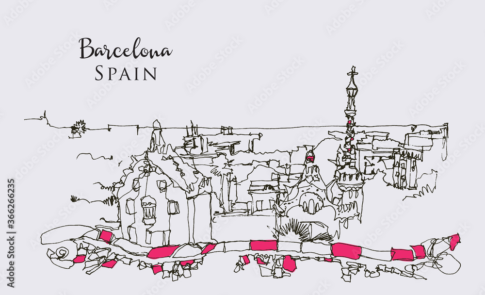 Obraz premium Drawing sketch illustration of Park Guell in Barcelona