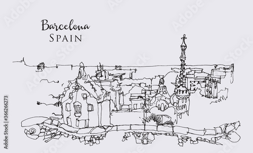 Drawing sketch illustration of Park Guell in Barcelona