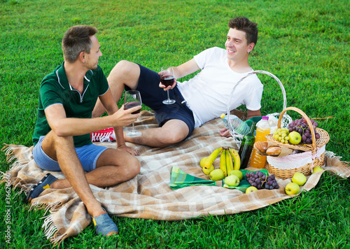 Two positive men enjoying picnic outdoors on summer day © JackF