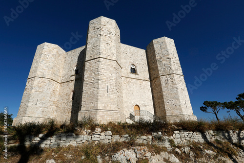 View of Castel del Monte, a Unesco world heritage medieval castle built on a solitary hill in Castel del Monte, Andria, Puglia, south of Italy.