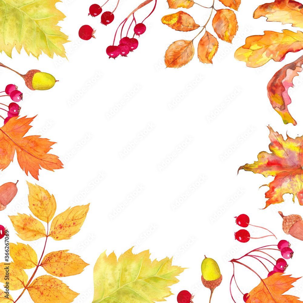 Watercolor frame of autumn leaves and berries . Beautiful round wreath of yellow and red leaves, berries, branches