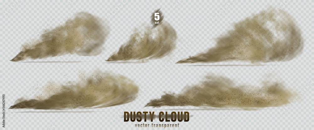 Dusty cloud or broun dry sand flying with a gust of wind, sandstorm, explosion realistic texture with small particles or grains of sand illustration 5 set isolated on transparent background. Vector.
