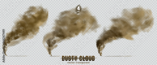 Dusty cloud or broun dry sand flying with a gust of wind, sandstorm, explosion realistic texture with small particles or grains of sand illustration 4 set isolated on transparent background. Vector.