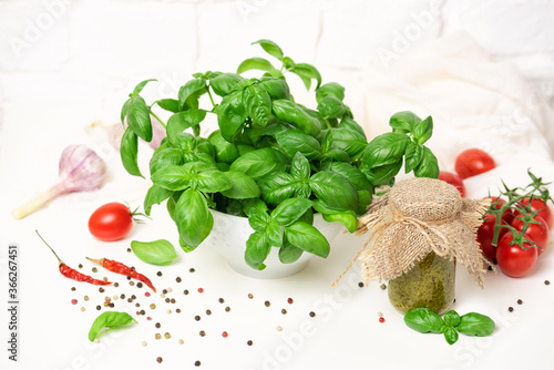 Fresh basil in a bowl, red tomatoes and pesto jar. Kitchen garden on a white table, brick wall. Copy space for text