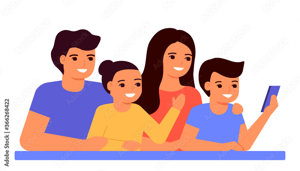 Happy family communicates via smartphone via video conference. Family watching parents and kids videos. Rest, communication, joint time, leisure. Vector illustration Happy family communicates via smartphone via video conference. Family watching parents and kids videos. Rest, communication, joint time, leisure. Vector illustration