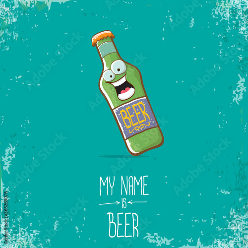 vector cartoon funky beer bottle character isolated on grunge azure background.vector beer comic label or poster design template. my name is beer or happy friday concept illustration