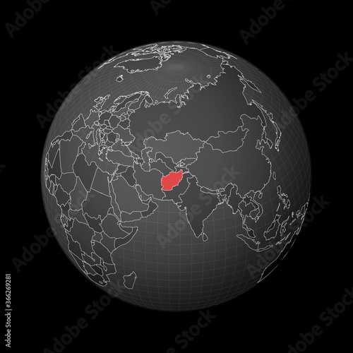 Dark globe centered to Afghanistan. Country highlighted with red color on world map. Satellite world projection. Amazing vector illustration.