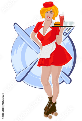 Waitress with plate. Diner waitress. Vector image
