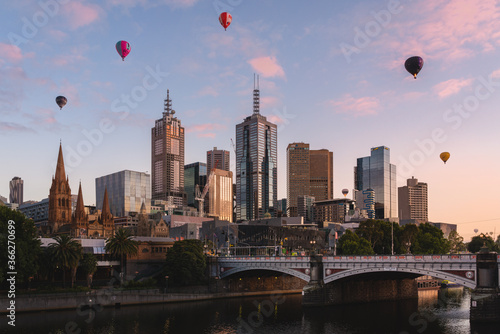 Hot air balloons over Melbourne at sunrise