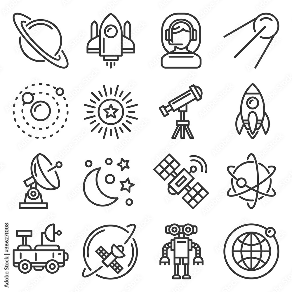 Fototapeta premium Space Universe Research Icons Set. Stars and Starships
