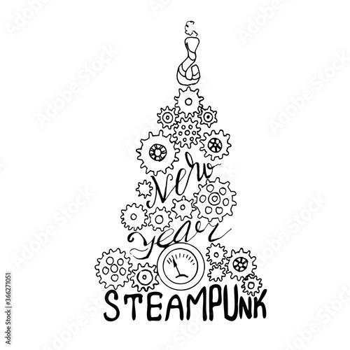 Christmas tree from gears and cogs. Christmas tree in steampunk style. Vector illustration in sketch style. A linear pattern. Coloring pages for children and adults.