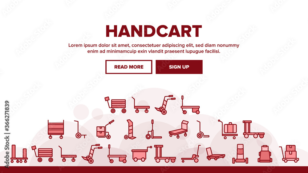Handcart Transport Landing Web Page Header Banner Template Vector. Cargo Handcart For Transportation And Delivery Box And Baggage, Forklift And Cart Illustrations