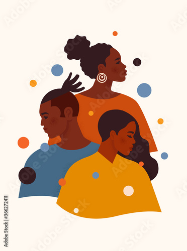 Black Lives Matter. African American man and women in colorful clothes stand one by one. Tolerance and no racism concept. Artwork about Human Right of Black People. Cartoon vector illustration.