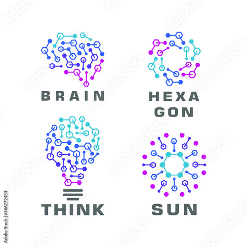Brain, Lamp, Sun, Hexagon Logo Set - Modern Vector 