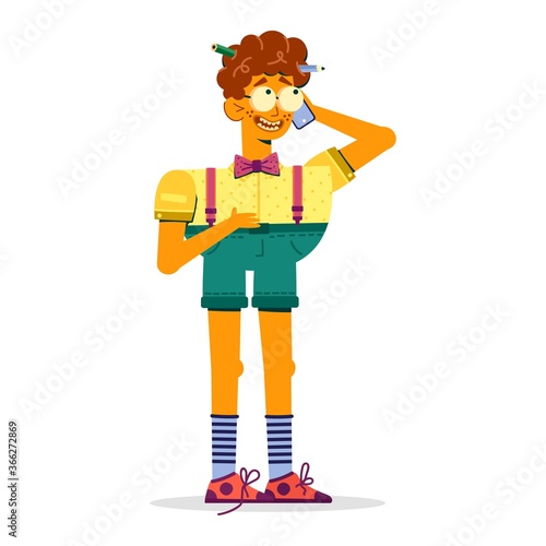A funny guy is talking on a smartphone.