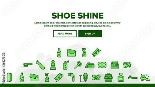 Shoe Shine Service Landing Web Page Header Banner Template Vector. Brush And Cream, Electronic Heater And Polish Spray Package Equipment For Shoe Shine Illustrations