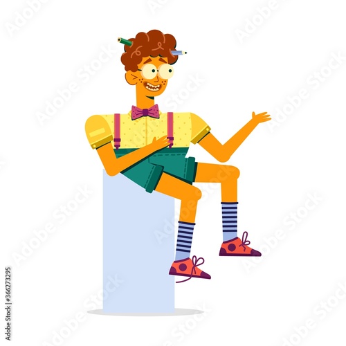 Funny guy with braces and bow tie sits.