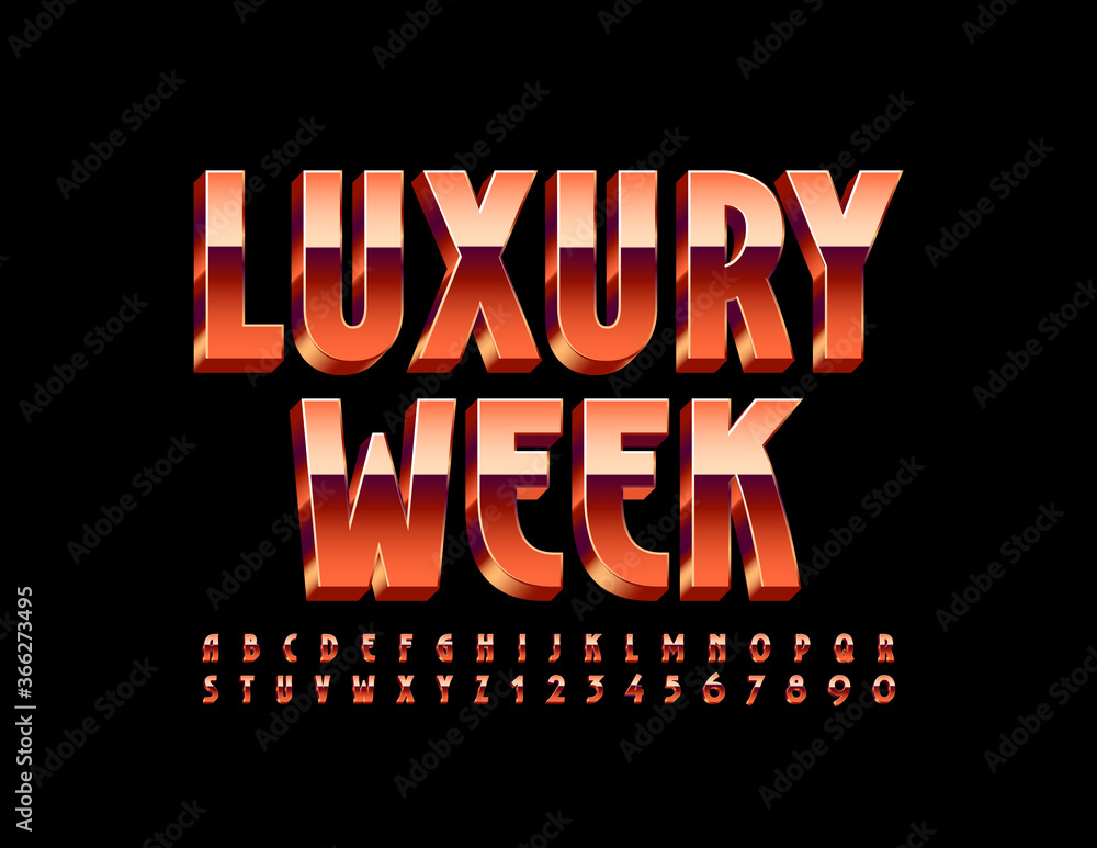 Vector premium poster Luxury Week. Elegant Gold Font. 3D Elite Alphabet Letters and Numbers