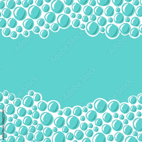 Oxygen bubbles border. Cartoon vector illustration. Hand drawn, sketch style, isolated on white background. Cleaning liquid soap foam for bath and shower. Space for your text, photo, logo