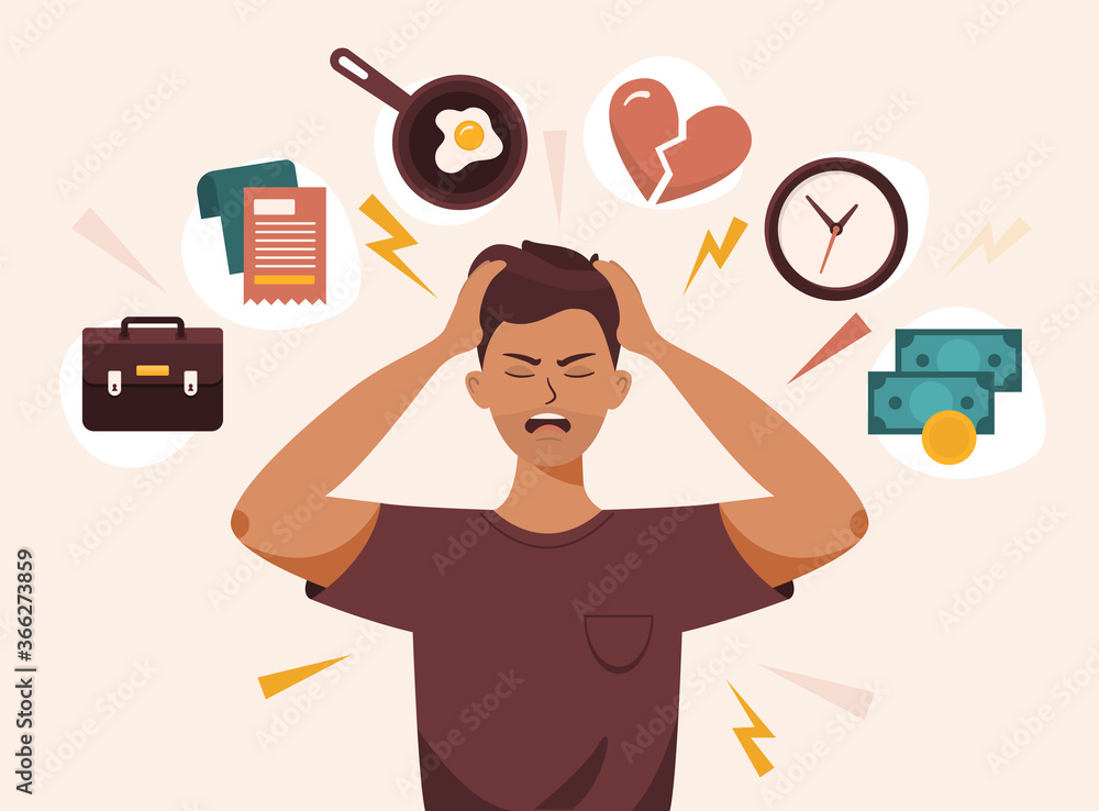 Flat vector illustration of a man with open mouth, clutches at head with both hands. He suffers from headache, panic, fright, depression. Stress, irritation factors, housekeeping, overwork, badmood - obrazy, fototapety, plakaty 