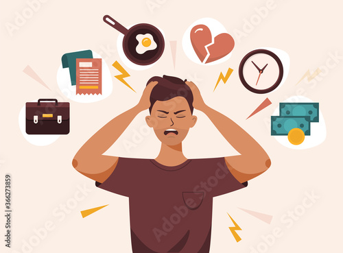 Flat vector illustration of a man with open mouth, clutches at head with both hands. He suffers from headache, panic, fright, depression. Stress, irritation factors, housekeeping, overwork, badmood