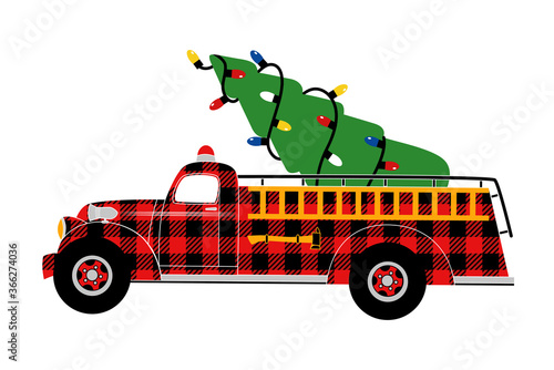 ..Buffalo Plaid Christmas Fire Engine .. Vector illustration. Country Christmas style.Isolated design element on a white background.