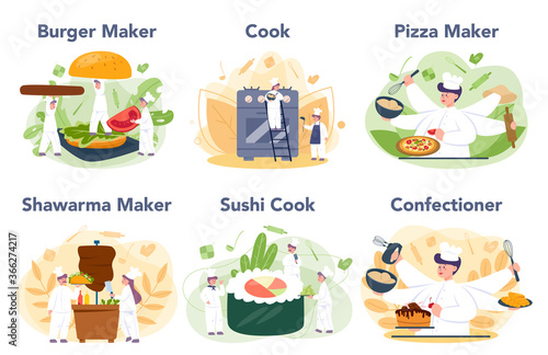 People cooking and preparing food set. Restaurant chef cooking