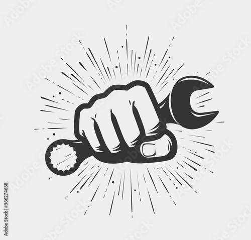 Hand holding spanner symbol. Repairs, maintenance, service concept