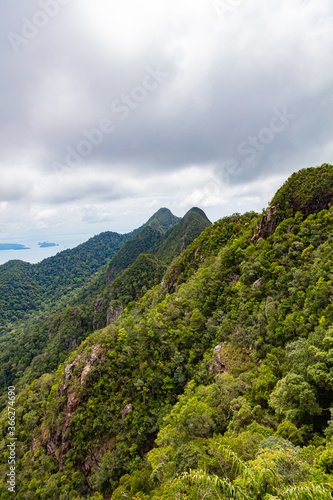 The Sugarloaf Mountain at the malaysian Island of Langkawi. scenic view of the landscape of the island in northern Malaysia. Rainforest to the mountain top  clouds roar over the tree tops