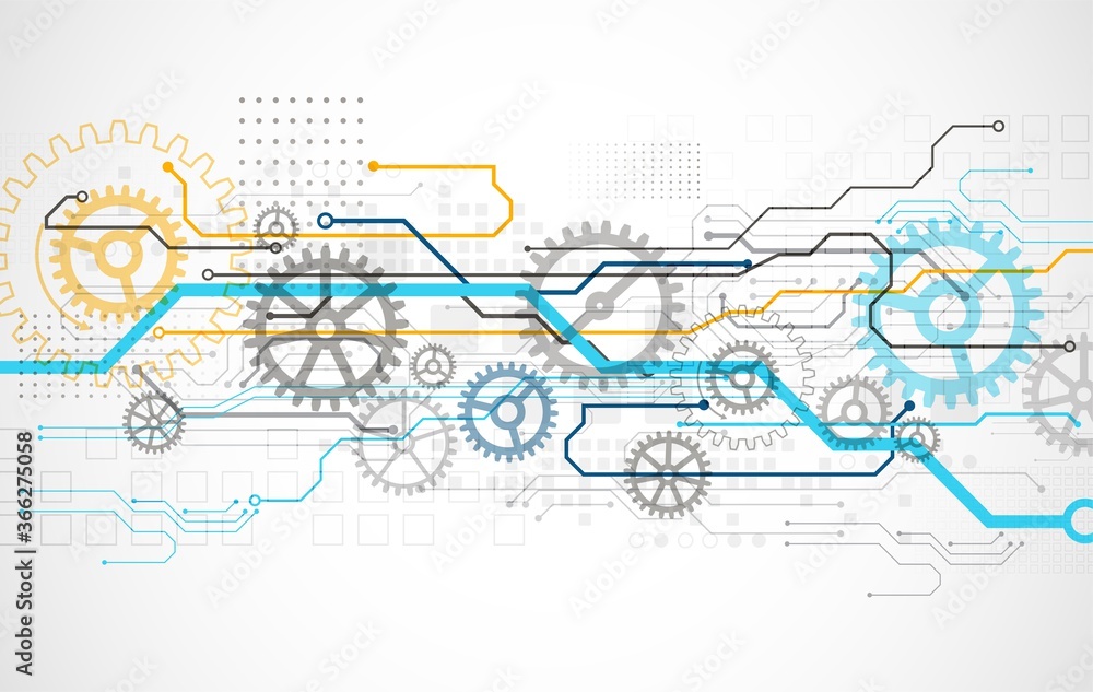 Obraz premium Abstract technology cogwheel concept. Circuit board, high computer color background. Vector illustration with space for content, web - template, business tech presentation.