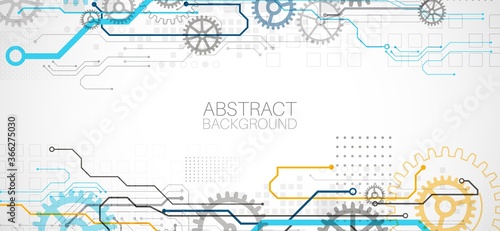 Abstract technology cogwheel concept. Circuit board, high computer color background. Vector illustration with space for content, web - template, business tech presentation.