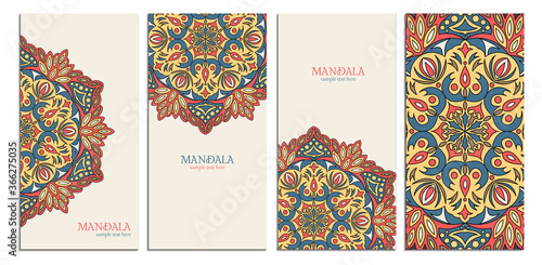 Vintage mandala card set. Blue, yellow and red colors. Circle mandala banner, background. 