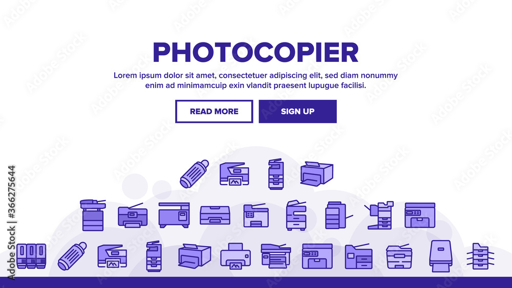 Photocopier Device Landing Web Page Header Banner Template Vector. Professional Photocopier And Scanner Equipment And Ink, Electronic Multifunctional Printer Illustrations