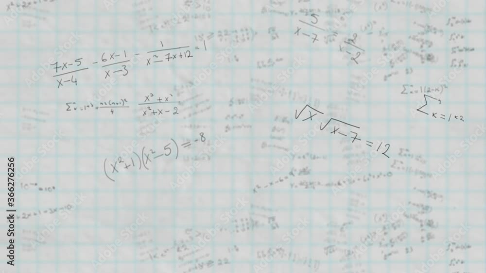Mathematical equations moving against white squared paper Mathematical equations moving against white squared paper