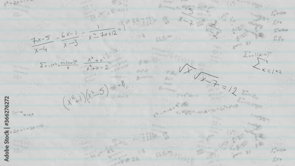Mathematical equations moving against white ruled paper Mathematical equations moving against white ruled paper