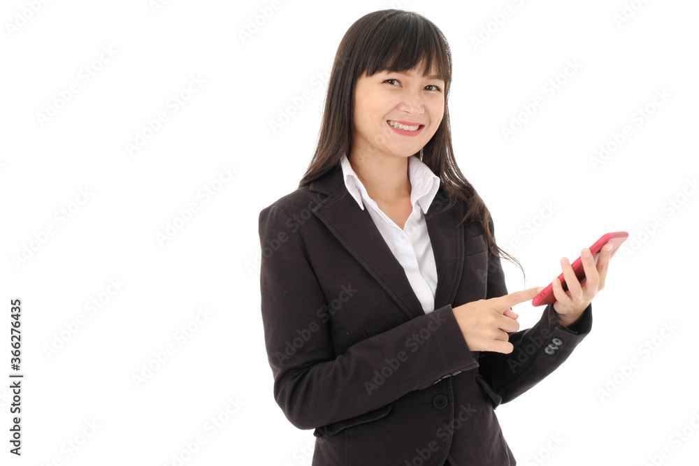 Young Asian business woman in black suit with long hair using smart phone connecting internet on white background and looking at the camera,happy ,studio isolated. Young Asian business woman in black suit with long hair using smart phone connecting internet on white background and looking at the camera,happy ,studio isolated.