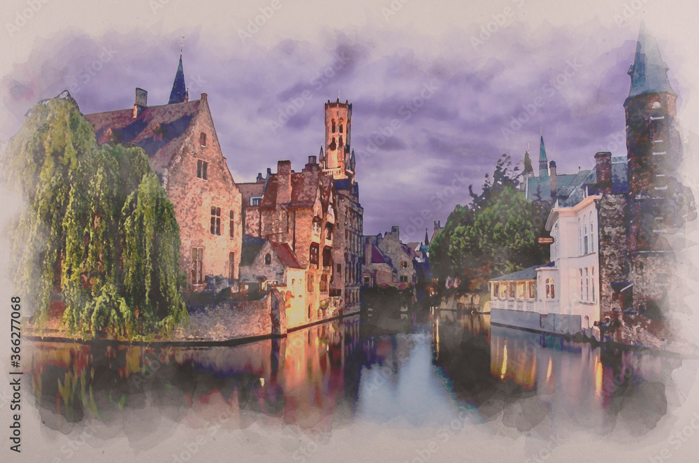 Naklejka premium Watercolor painting effect of photo with view on Bruges old town and Belfry tower with pink sky during sunset, Bruges, Belgium. Watercolor illustration of view from famous viewpoint in Bruges.