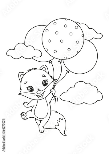 Little fox flying with balloons coloring page. Black and white cartoon illustration