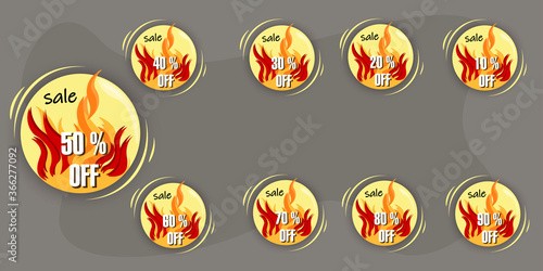 Special offer, sale, discounts 10, 20, 30, 40, 50, 60, 70, 80, 90 percent. Hot sale banners set. Flat tag, bargain price. Vector image.