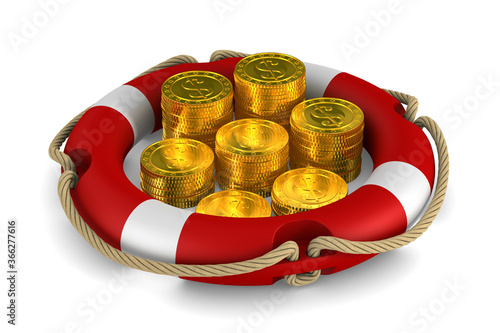 life ring and coins on whit...