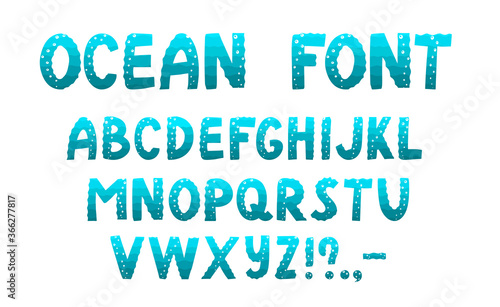 ocean font. beautiful hand-drawn letters. set of capital letters in sea style. Light blue letters with waves and air bubbles. underwater alphabet