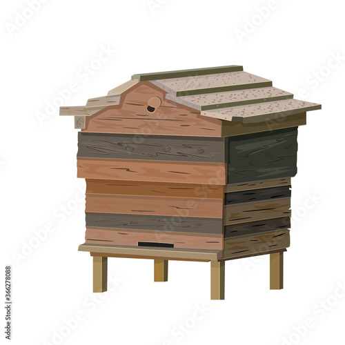 Beehive isolated on white background. Old wooden bee hive. Cartoon illustration of a hive for beekeeping, bee colony housing. Apiculture icon for web, banner, poster, logo design. Stock vector