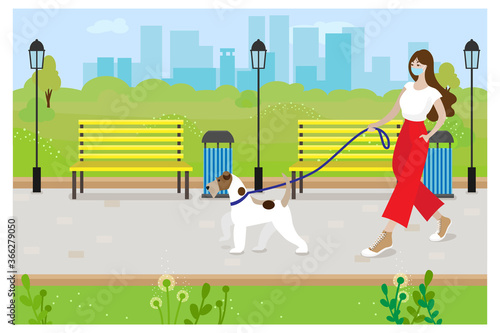 The girl in the mask walks with the pet. Walking alone. Isolation. COVID-19. Vector illustration isolated