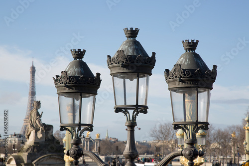 Lamppost and Eiffel Tower from Place de la Concorde Square; Paris