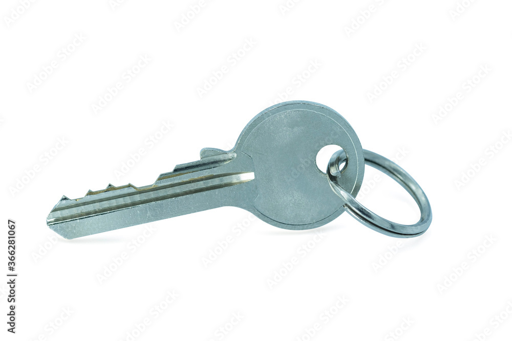 Door silver key house with house shaped metal keychain on white background with clipping path. Real estate concept for buying a new home. Door silver key house with house shaped metal keychain on white background with clipping path. Real estate concept for buying a new home.