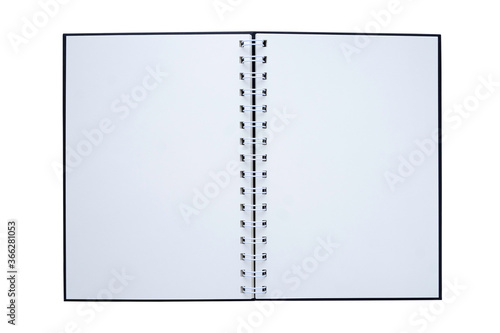 Top view, from above of open spiral blank page notebook isolated on white background for design a mockup.