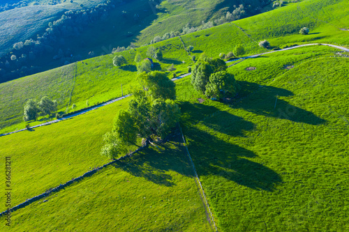 Aerial landscape in Astrana, Collados del Ason Natural Park, Soba Valley, Pasiegos Valleys, Cantabria, Spain. Europe