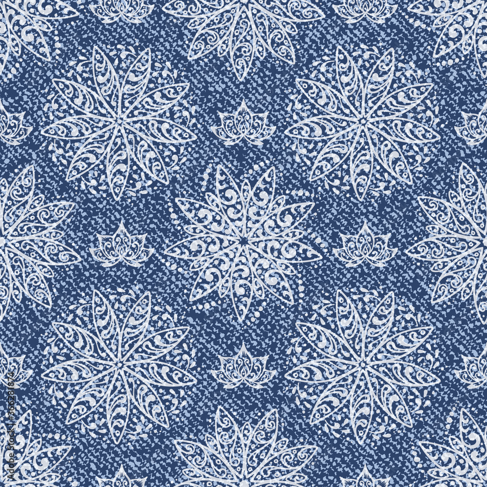 Vector Jeans background with Lotus Flowers Mandala Pattern. Denim seamless pattern. Blue jeans cloth
